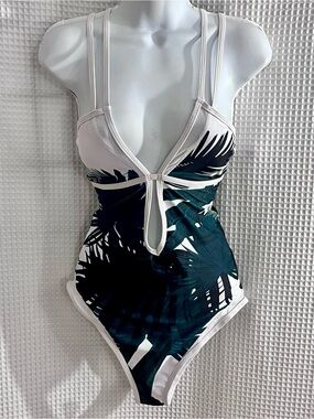 Rotita White One-Piece Swimsuit with Teal Palm Print and Cutout size XL